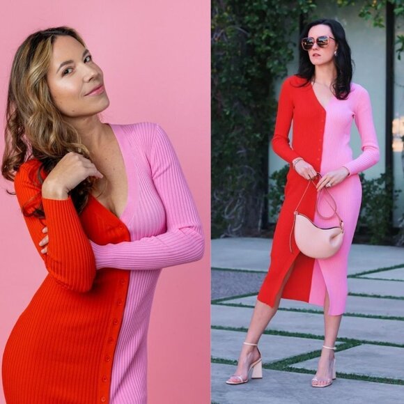 Staud Shoko Ribbed Cardigan Sweater Dress Colorblock Two Tone Midi Pink Red - Picture 1 of 15